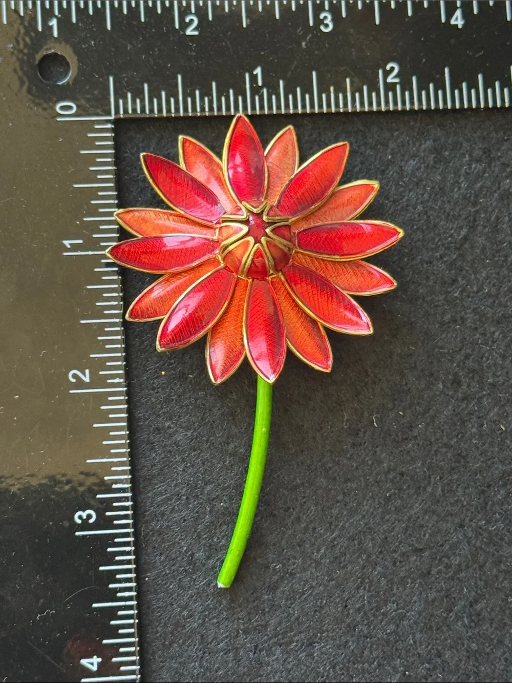 VTG 1960s Made in Germany Enamel Flower Brooch Pin Red Orange Gold Tone Daisy